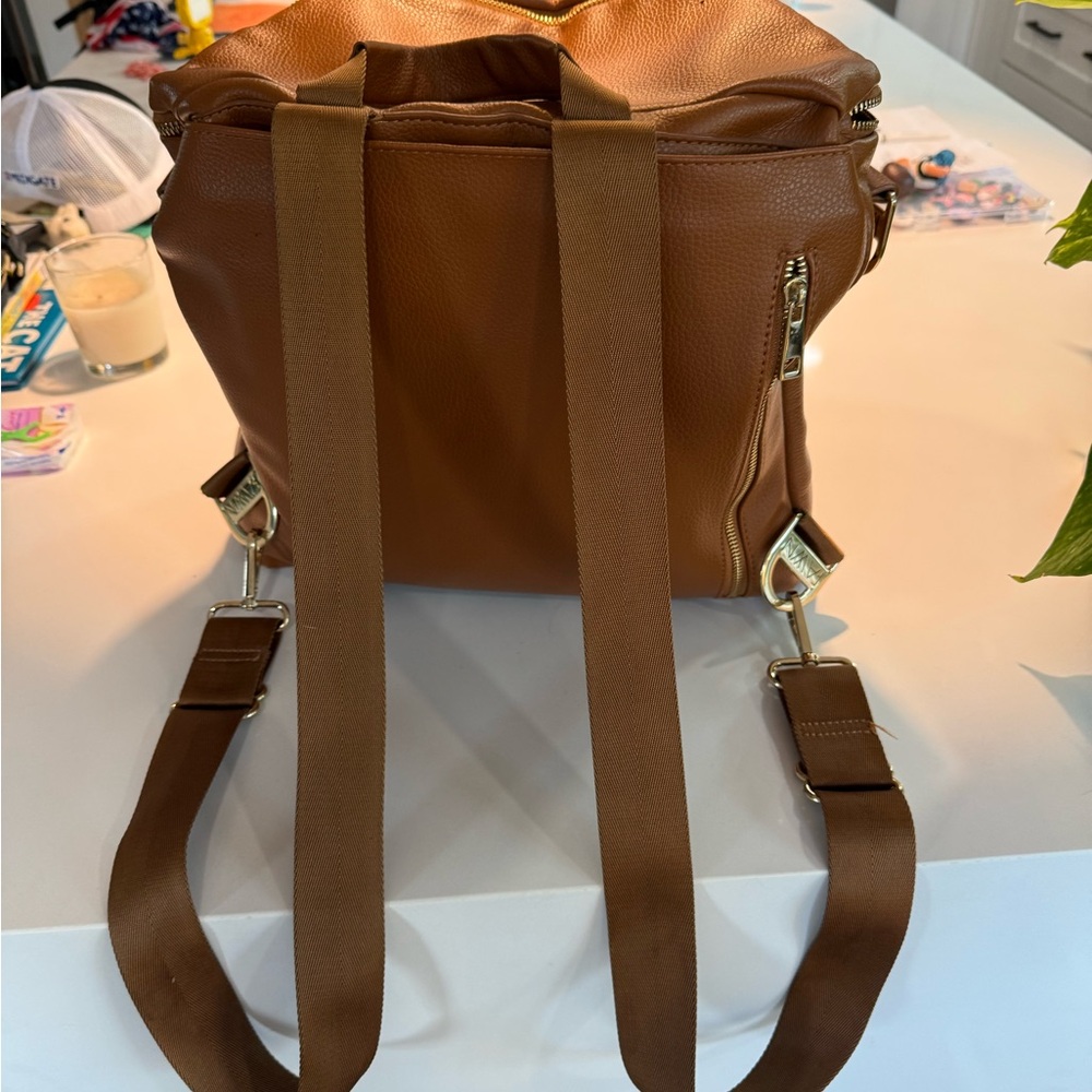 Fawn Design Tan Leather Convertible Diaper Bag Backpack with Gold Hardware - Picture 2 of 3